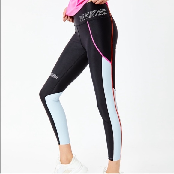 P.E Nation Black Saber Logo Colorblock Neon Lined High Waisted Leggings - Picture 2 of 7